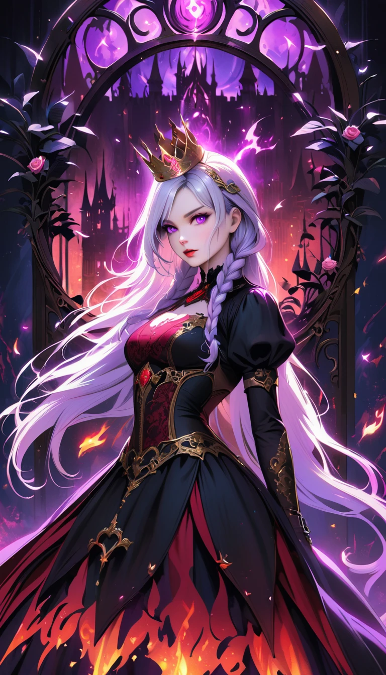 dark fantasy art, goethe art, Portrait of a female vampire, Absolutely beautiful, Pale skin, yinji, (purple hair, purple eyes, long hair, white hair, double braids, gradient hair, (White lace), She is wearing (Red: 1.3) Red dress, ArmoRedDress, Roses printed on skirt (Black: 1.4) , Dark Castle, Black and color, Dark art style, (The view behind the elegant foliage frame),crown, (Black light poster art), Mysterious portal background, Bright colors, (Magic Flame)