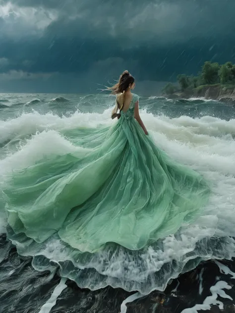 (Masterpiece, Best quality:1.2), 1girl, Single，Walkwoman，water，storm，earth