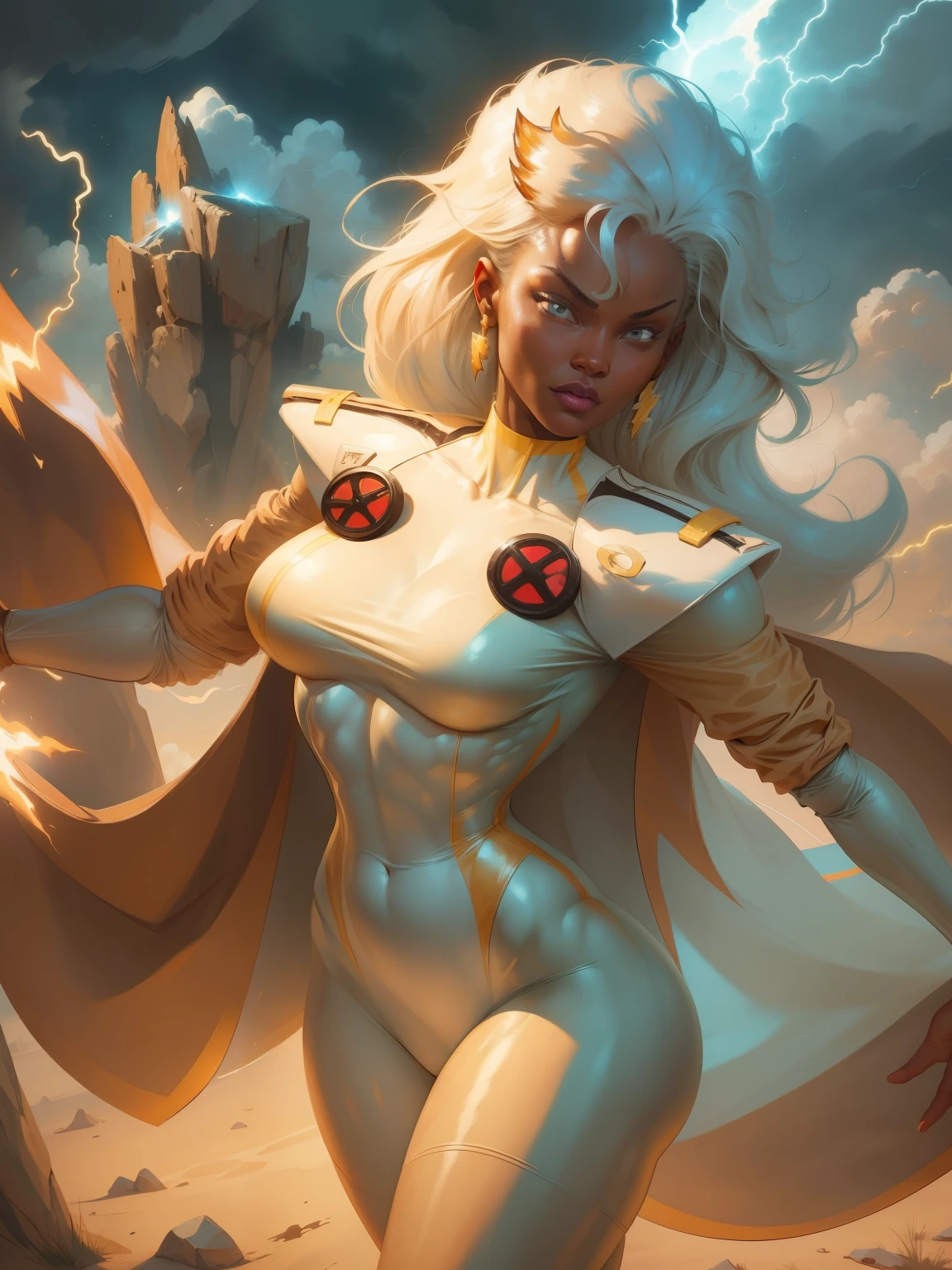 ((A comic style, cartoon art))). Storms wearing her signature outfit. 1 girl, solo, lonly, African girl, has white hair, white eyes, wears a classic X-Men Storm uniform with a cape, in dynamic epic  hero pose. fire blasts of concentrated plasma energy from your hands (((slim Hot Body, camel toes))), which appears to be pulsing with power. ((cinematic thunder background)) , vivid colors, detailed, detailed face, realistic shadows and bright, glowing.