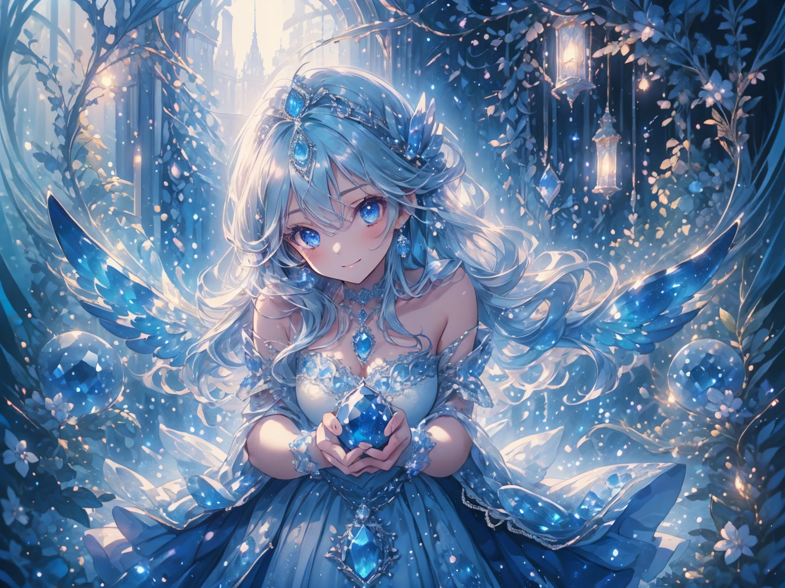 (masterpiece, very detailed, exquisite, beautiful, Full HD, High resolution, confused), soft edge, soft lines, woman, charming princess, goblin, Happy, fun, smile, looking at the viewer, wavy hair, medium hair, Big eyes, white skin, beautiful breasts, slim, sapphire crown, sapphire earrings, sapphire choker, with wings, white background, Objects with a sapphire motif,from before, dynamic angle, dazzling light, dramatic lighting, warm lighting, soft lighting, written boundary depth, fantasy, beautiful, dreamy atmosphere, (white and light blue ball gown dress:1.1, pure white lace and frills,sapphire motif dress), light blue hair, purple eyes