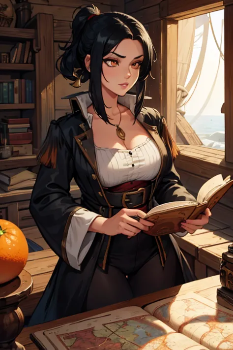 black haired woman with orange eyes and a figure in a pirate outfit is reading a map in a cabin on a pirate ship