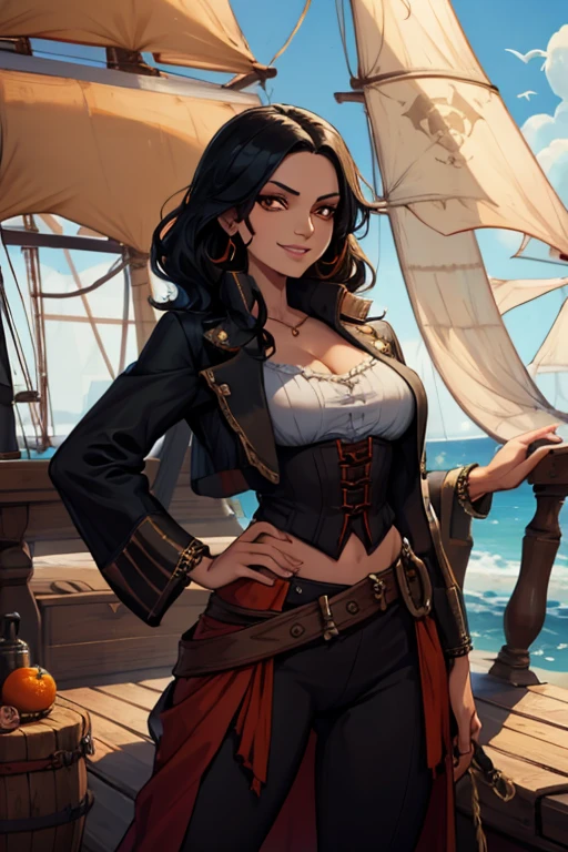 black haired woman with orange eyes and a figure in a pirate outfit is standing with her hands on her hips with a triumphant smile on the deck of a pirate ship