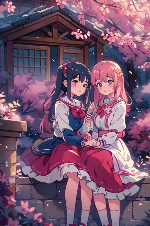 shoujo anime, cinematic, romantic, masterpiece, abundant details, UHD, bow festival, two girls, teenagers, blue and red dresses, with several finely crafted white bows along the clothes and in hair arrangements, hands clasped, smiles gentle and cheeky looks, dark boots with white details, bucolic setting with soft lighting in a manor,
