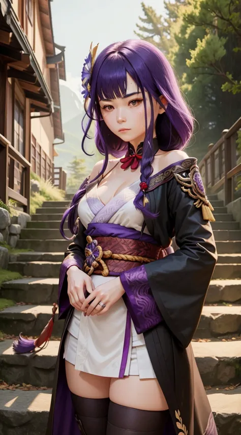 shogun, 1girl, solo, long hair, black trech coat, looking at viewer, hair ornament, thighhighs, long sleeves, ribbon, holding, c...