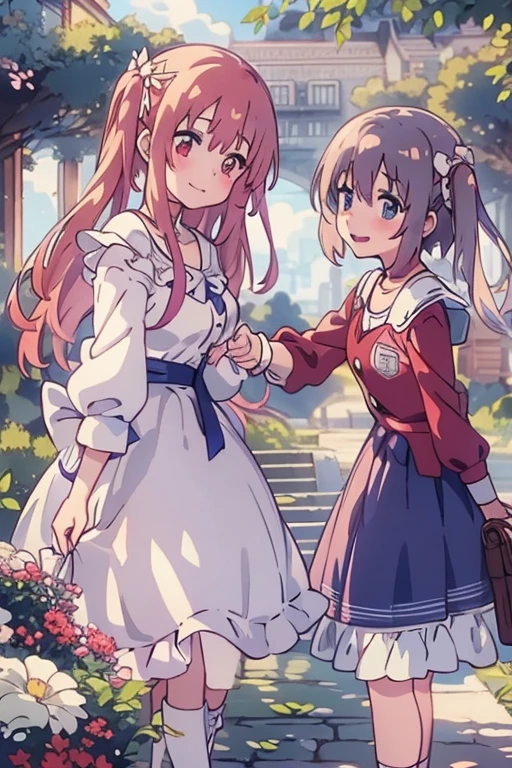 shoujo anime, cinematic, romantic, masterpiece, abundant details, UHD, bow festival, two girls, teenagers, blue and red dresses, with several finely crafted white bows along the clothes and in hair arrangements, hands clasped, smiles gentle and cheeky looks, dark boots with white details, bucolic setting with soft lighting in a manor,