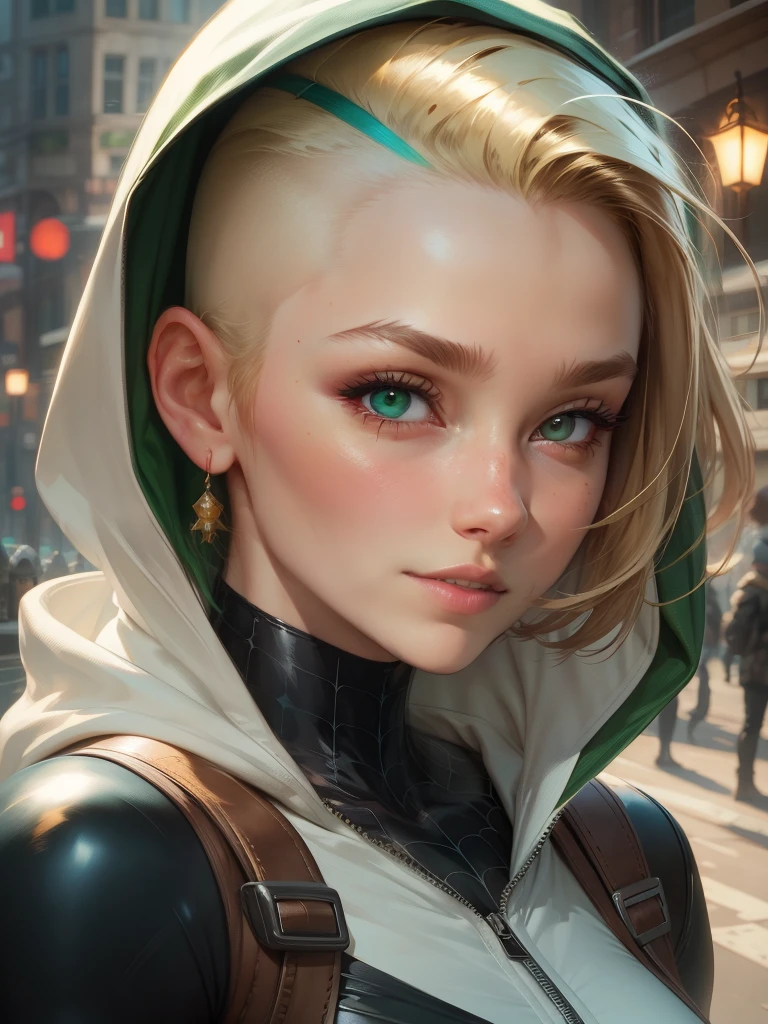 (masterpiece), ((best quality)), light_smile, cinematic lighting, ultra-realistic, ((realistic)), (gwen_stacy), blonde_hair, short_hair, green eyes, solo, sidecut, asymmetrical_hair, parted_lips, eyebrow_piercing, (detailed face), beautiful 1girl, 1girl, looking at viewer, (beautiful detailed eyes), bodysuit, spider-suit, white hoodie, hood_down, portrait, upper_body, (side of head shaved), (small breasts)