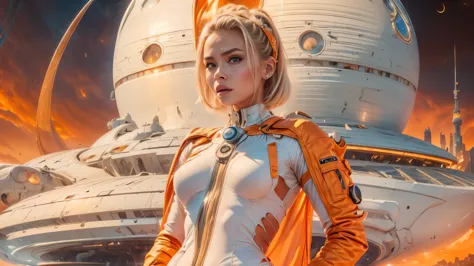 arafed image of a white woman in a futuristic suit with a spaceship in the background, movie art, in front of an orange backgrou...