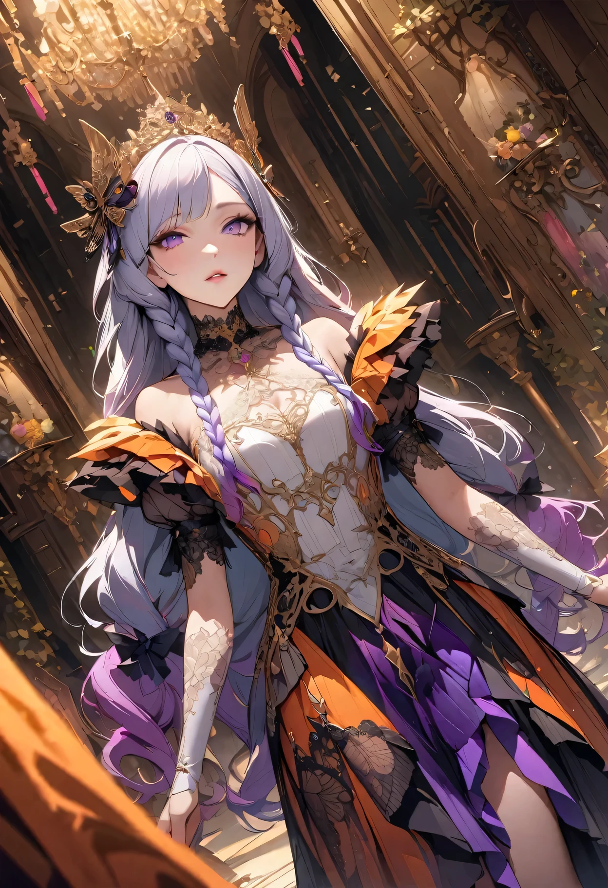(masterpiece)、(Top quality)、(Highly detailed CG illustrations）、Official Art、1920s Style、Mrs. Moore、yinji, (purple hair, purple eyes, long hair, white hair, double braids, gradient hair,Cruel beauty、Gorgeous、gorgeous、White lace、Gorgeous dress、Jewelry、Butterfly pattern、Orange undertone、Vibrant colors、Perfect angle、Perfect composition