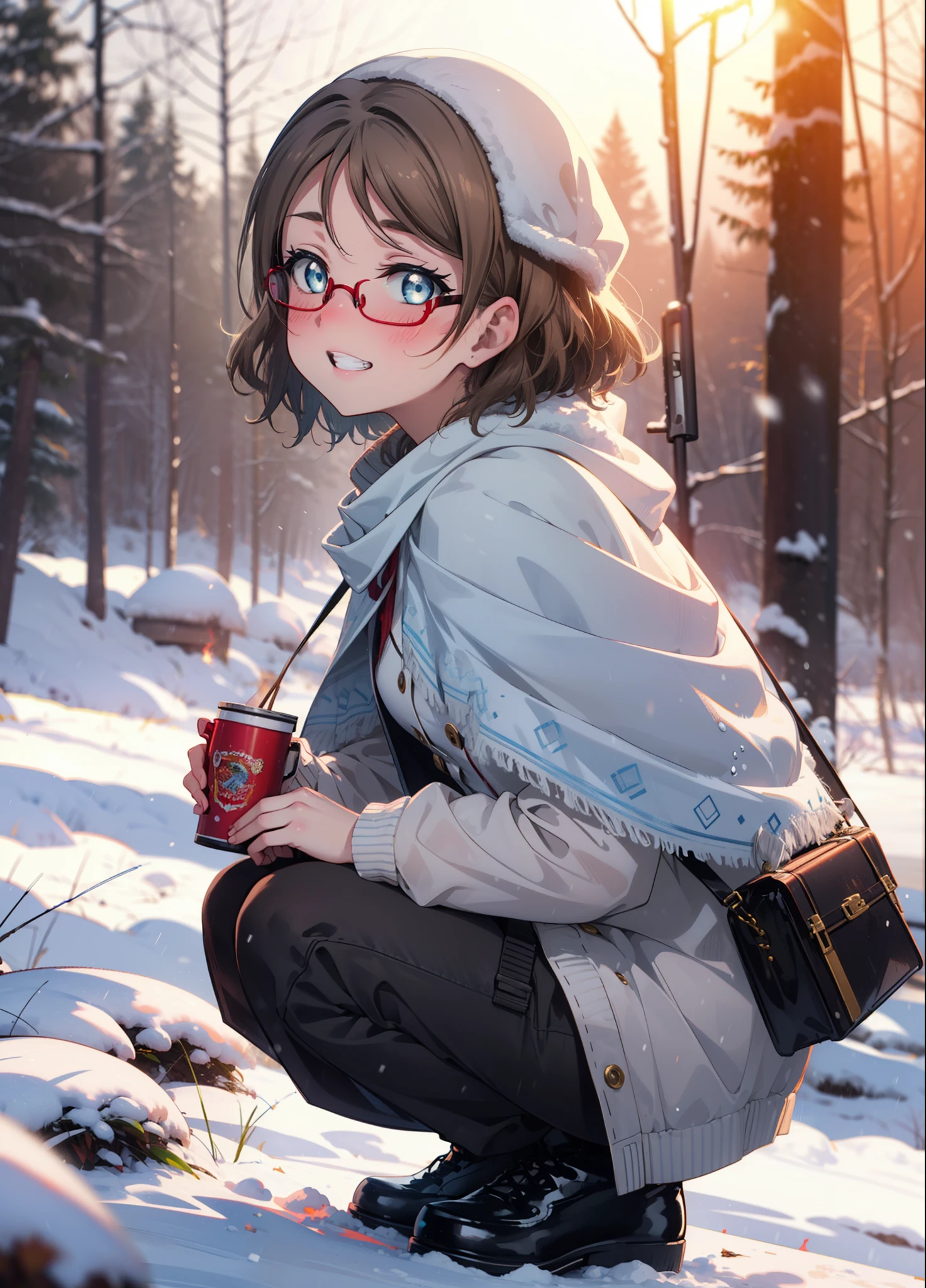 Yo Watanabe, Yu Watanabe, cheveux courts, yeux bleus, cheveux bruns, sourire, sourire,milieu de la poitrine,Lunettes à monture noire,
Ouvrez la bouche,neige,Feu de joie au sol, Extérieur, bottes, neigeing, du côté, bois, Valise, cap, Flou, prendre un repas, forêt, Sac à main blanc, nature,  s&#39;accroupir, bouche fermée, cap, hiver, Profondeur de la limite écrite, chaussures noires, red cap CASSER looking at viewer, haut du corps, tout le corps, CASSER Extérieur, forêt, nature, CASSER (chef-d&#39;œuvre:1.2), la plus haute qualité, Haute résolution, unité 8k fond d&#39;écran, (forme:0.8), (De beaux et beaux yeux:1.6), visage très détaillé, éclairage parfait, CG très détaillé, (des mains parfaites, anatomie parfaite),