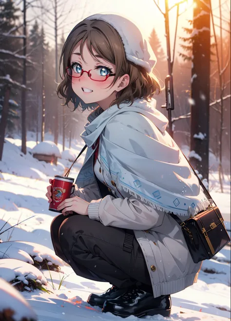 Yo Watanabe, Yu Watanabe, short hair, blue eyes, Brown Hair, smile, Grin,Mid-chest,Black-rimmed glasses,
Open your mouth,snow,Gr...