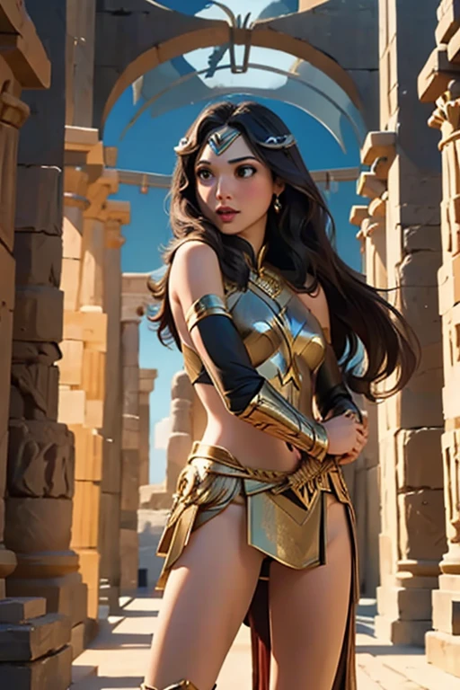 Gal Gadot como Mulher Maravilha angulo holandes, Athena temple scene