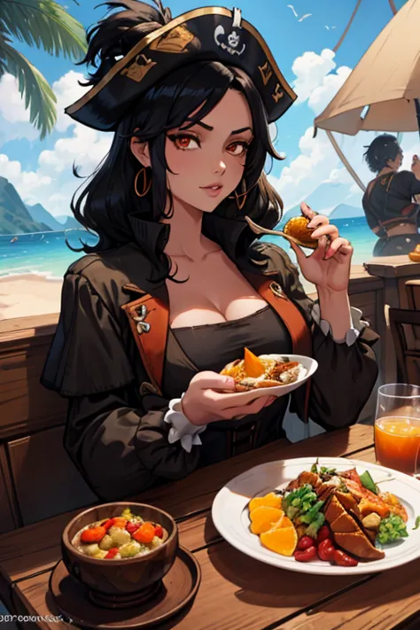 black haired woman with orange eyes and a figure in a pirate outfit is eating a meal at a tavern at a pirate island