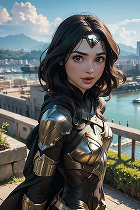 gal gadot como mulher maravilha angulo holandes, amazon city background scenery