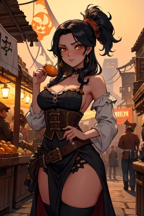 black haired woman with orange eyes and a figure in a pirate outfit is blushing in the streets of a market on a pirate city at n...