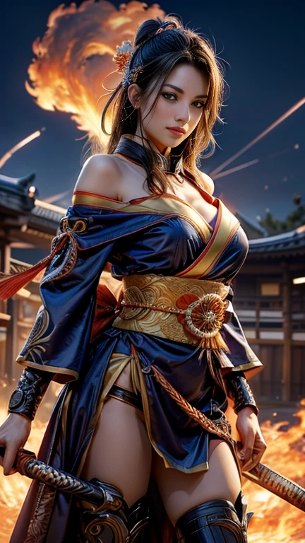 (RAW shooting, Photorealistic:1.5, 8k, highest quality, masterpiece, Ultra-high resolution), Sengoku, With Japanese architecture as a backdrop, The fires of war are burning everywhere, Perfect dynamic composition:1.2, Realistic:1.3, Highly detailed skin and facial textures:1.3, A slender female samurai holds a Japanese sword high in the air:1.2, Fight:1.2, beautifully、aesthetic:1.2, Cute and sexy beauty, Perfect Style, Wear an exquisite ring, Wind, thunder, Fair skin, Very beautiful face, (Mid-chest, Chest gap), (Embarrassed smile, Her facial expression when she felt intense caressing, Facial expressions when feeling happy), (Wearing a sexy Sengoku uniform:1.1, Off the shoulder), (Beautiful Blue Eyes, Beautiful erotic eyes:0.8), (Too erotic:0.9, Fascinating:0.9), Full Body Shot