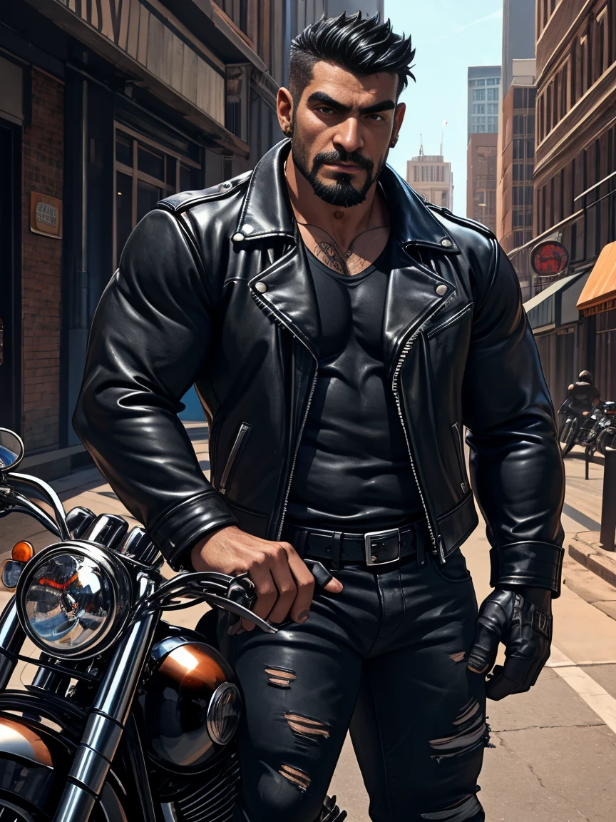 Man Biker, muscular, big chest, veins popping out, black hair shaved on the sides, handsome face, goatee, sexy and mischievous expression. He is wearing a leather jacket, black combat boots, ripped blue jeans, a black leather jacket with no shirt underneath. He is standing next to a black Harley Davidson motorcycle.