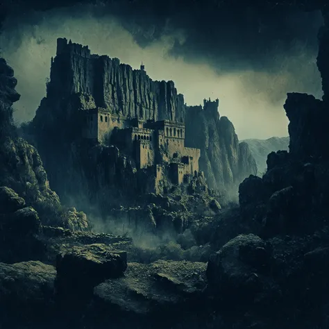 arafed castle in the middle of a rocky mountain range, dramatic matte painting, epic cinematic matte painting, dark ruins landsc...