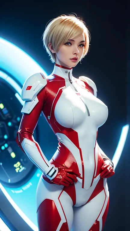 A cyber woman bionic body , beautiful breasts stands confidently in the center of a futuristic setting, wearing a white and red ...