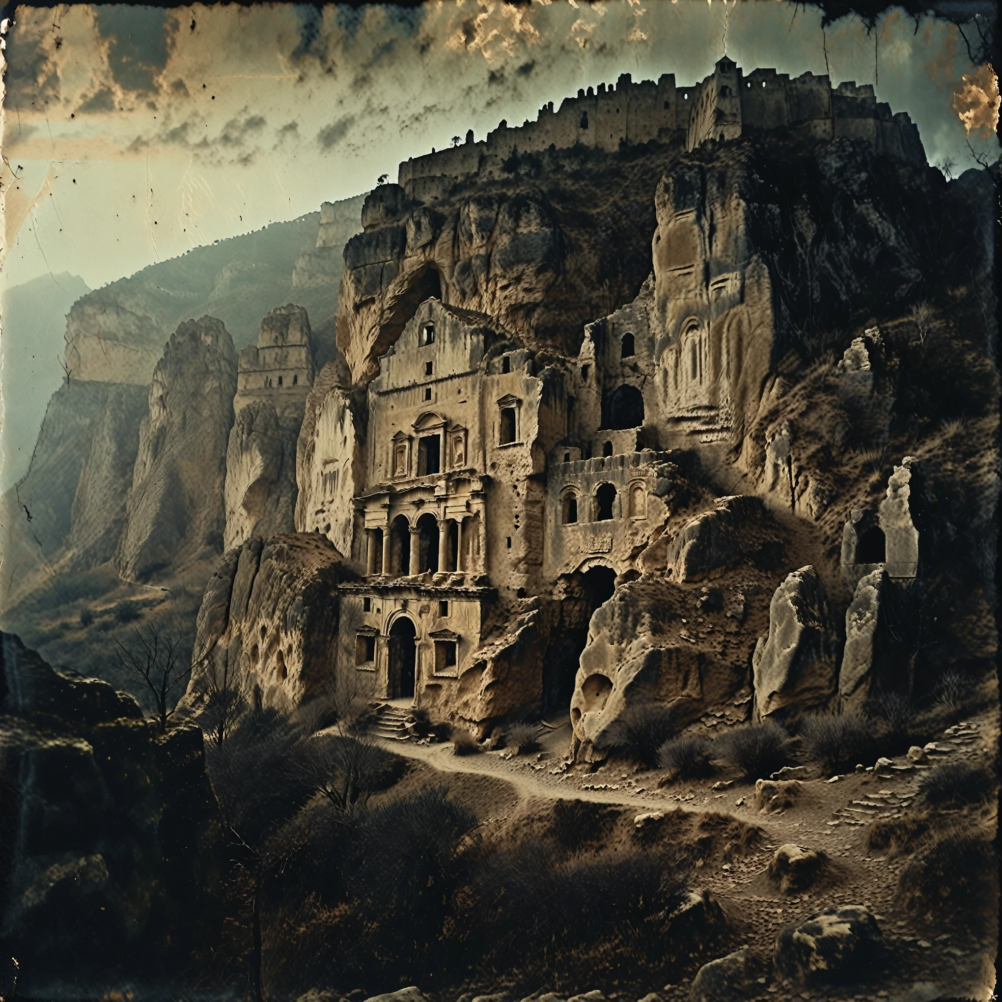 espeluznante escena de terror, 35mm de época, foto antigua granulada oscura, Gigantesco castillo monolítico de piedra mediterránea grabado en una formación de acantilado de montaña de roca gigante, Olimpo, vasto paisaje
