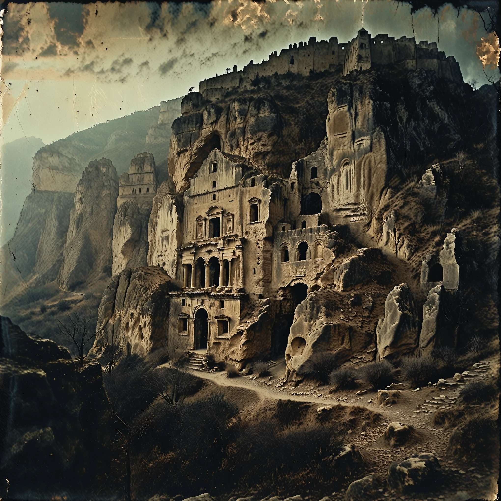 unheimliche Horrorszene, 35mm Vintage, dunkles körniges altes Foto, riesige monolithische mediterrane Steinburg, in eine riesige Felsformation am Berg eingegraben, Olymp, weite Landschaft