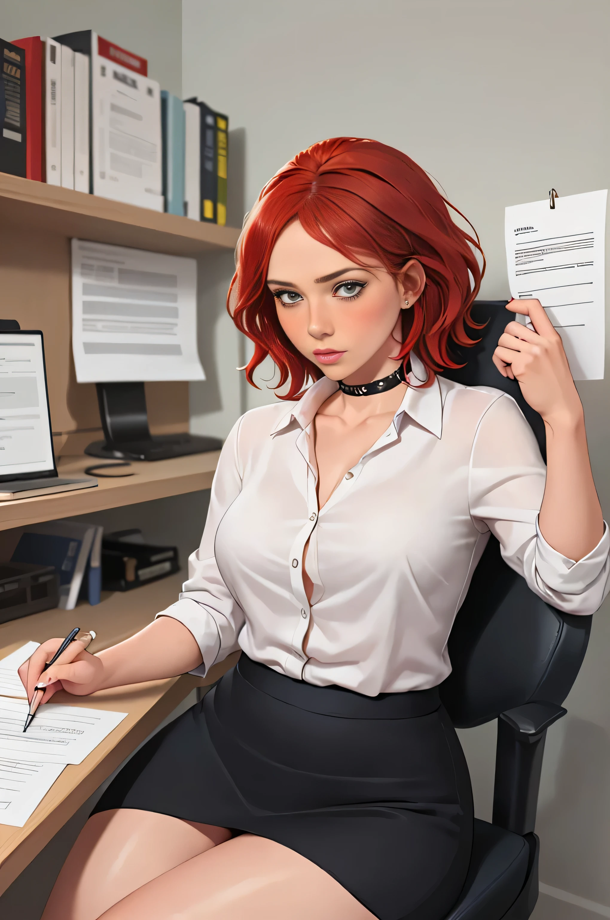 Scarlett Johansson, (masterpiece quality, (masterpiece quality:1.3), realistic, (realistic:1.3), 1girl, (1girl:1.9), solo, (solo:1.9), in an office, paperwork in background, typewriter in background, short hair, red hair, (red hair:1.5), wearing a business suit, wearing a white blouse, (white blouse:1.5), wearing black skirt, (wearing black skirt:1.5), wearing choker collar, small breasts, thin body, blushing, (blushing:1.2), 