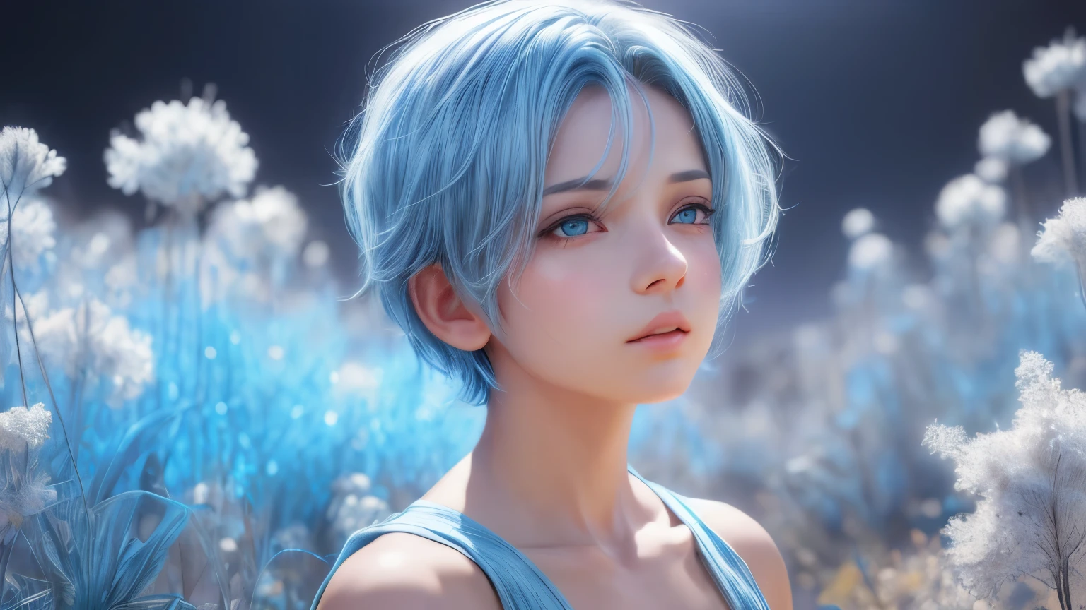 Haute qualité,1 fille，Cheveux courts, Illustration CG super détaillée d&#39;un jeune homme avec une expression calme, regarder au loin，Ses cheveux bleu clair éclatants flottaient doucement dans la brise du désert.. Le paysage derrière lui est vaste et magnifique, Emmener les spectateurs dans un monde d&#39;émerveillement et de découverte.Plus d&#39;idées