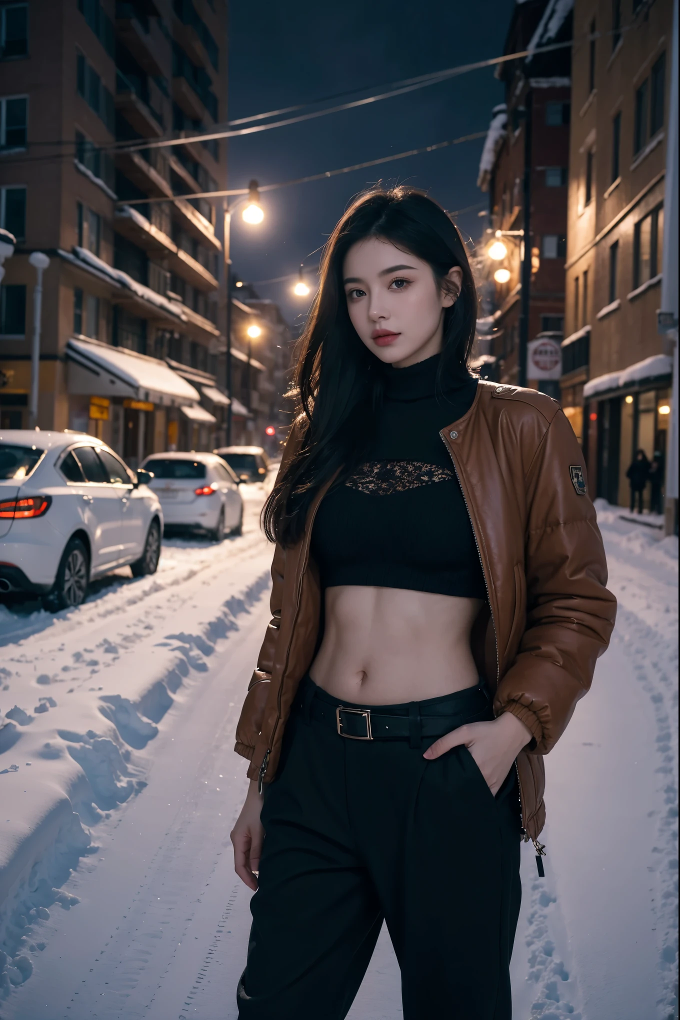 eine junge Frau in einem bauchfreien Winteroutfit,Daunenjacke mit Nabel, Low-Rise-Hosen, und einem Ledergürtel, standing on a Schneey city Straße, äußerst detailliertes Porträt, Schöne, detaillierte Augen, schöne detaillierte Lippen, extrem detailliertes Gesicht, lange Wimpern, Sehr realistisch, fotorealistisch, 8k, filmische Beleuchtung, dramatische kalte Farbtöne, stimmungsvolle Atmosphäre, Winterlandschaft, Schnee, Straße, Gebäude