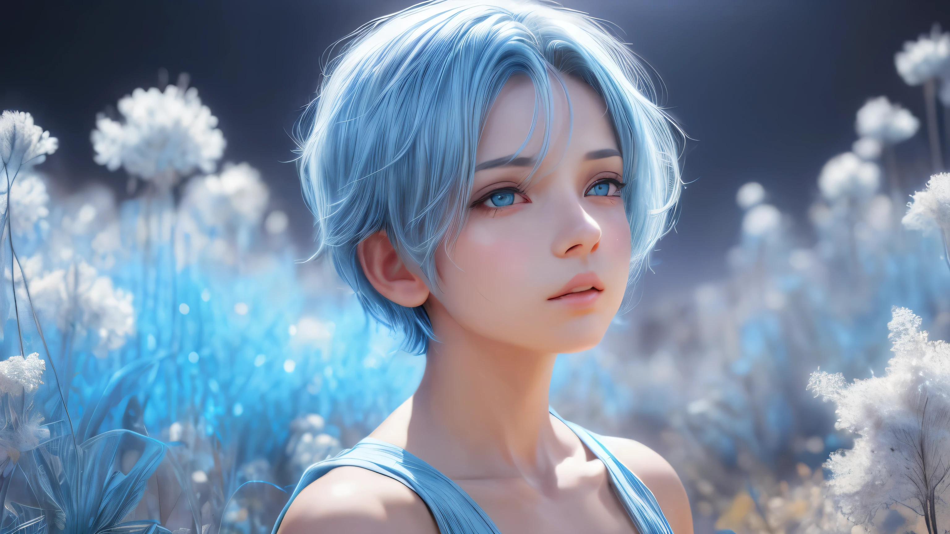 Haute qualité,1 fille，Cheveux courts, Illustration CG super détaillée d&#39;un jeune homme avec une expression calme, regarder au loin，Ses cheveux bleu clair éclatants flottaient doucement dans la brise du désert.. Le paysage derrière lui est vaste et magnifique, Emmener les spectateurs dans un monde d&#39;émerveillement et de découverte.Plus d&#39;idées