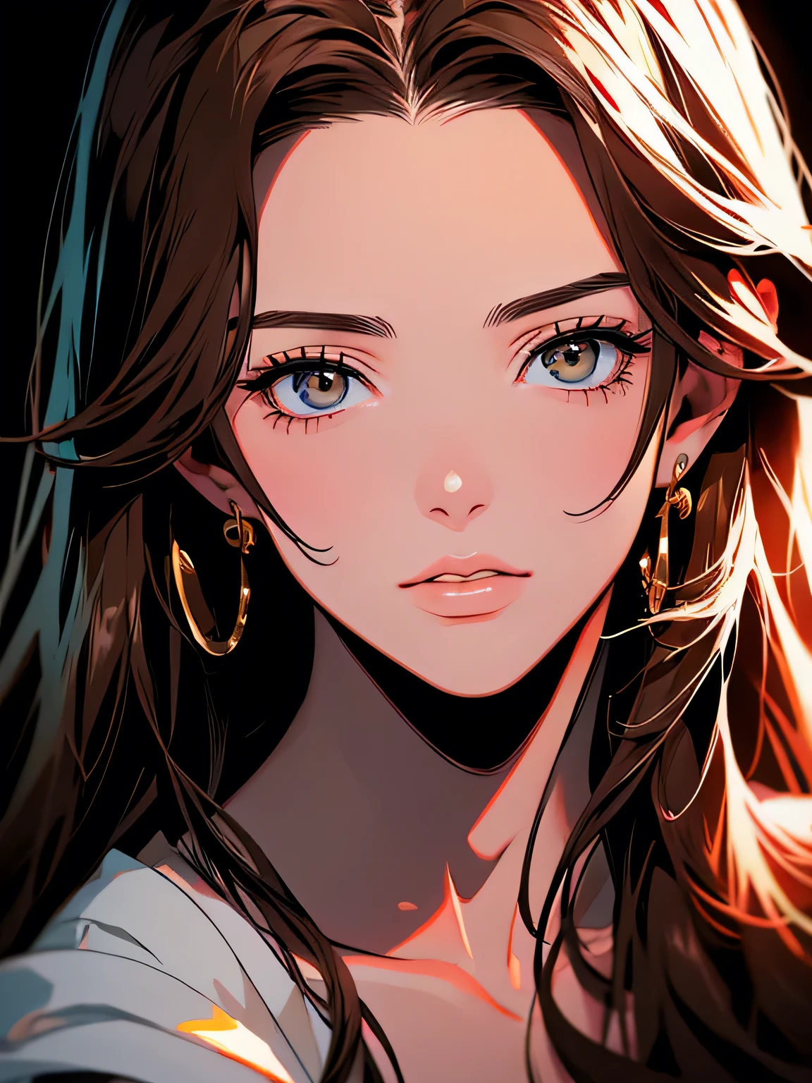 2d illustration, anime, a painting portrait in fine arts, in manhwa style, boa hancock, 1girl, brown hair, long hair, big hair, golden eyes, makeup, beautiful, high definition, masterpiece, best quality, high detail, high detailed eyes, grain filter, Detailed lips, high resolution, ultra-detalhado, retrato, mulher caucasiana, realista proportions, Anatomicamente preciso, bochechas rosadas; intimate distance, dark lighting, alta qualidade, premiado, high resolution, 8k, dark atmosphere