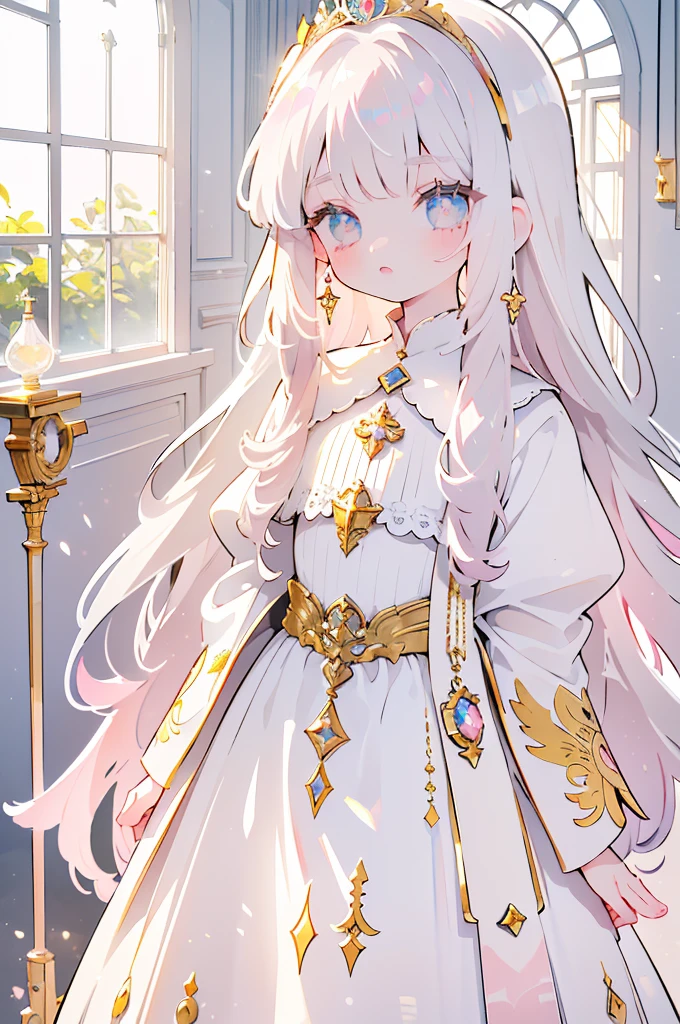 8K, (High Definition), (Dramatic), (Natural Light), (Petite), 1 girl, Flat chest, , Grey hair, Long hair, Beautiful hair, White clothing, Dress, Long bangs, tiara, White skirt, Absurdly long hair, (Straight hair), Hair between eyebrows, (Lolita), Gold decoration , light pink hair , white hair
