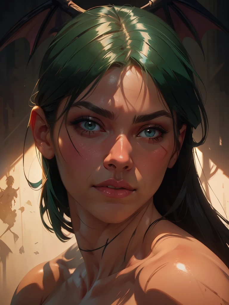 Realistic oil paint of Morrigan Aensland, detailed skin Textures, intricate, detailed face, hyperrealistic, realistic light and shadows , cinematic lighting.