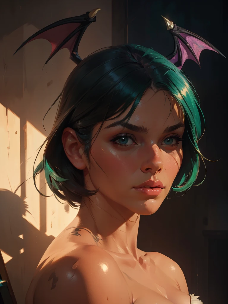 طلاء زيتي واقعي لنصف الجسم من Morrigan Aensland, نسيج الجلد التفصيلي, معقد, وجه مفصل, واقعية مفرطة, ضوء وظلال واقعية , الإضاءة السينمائية.