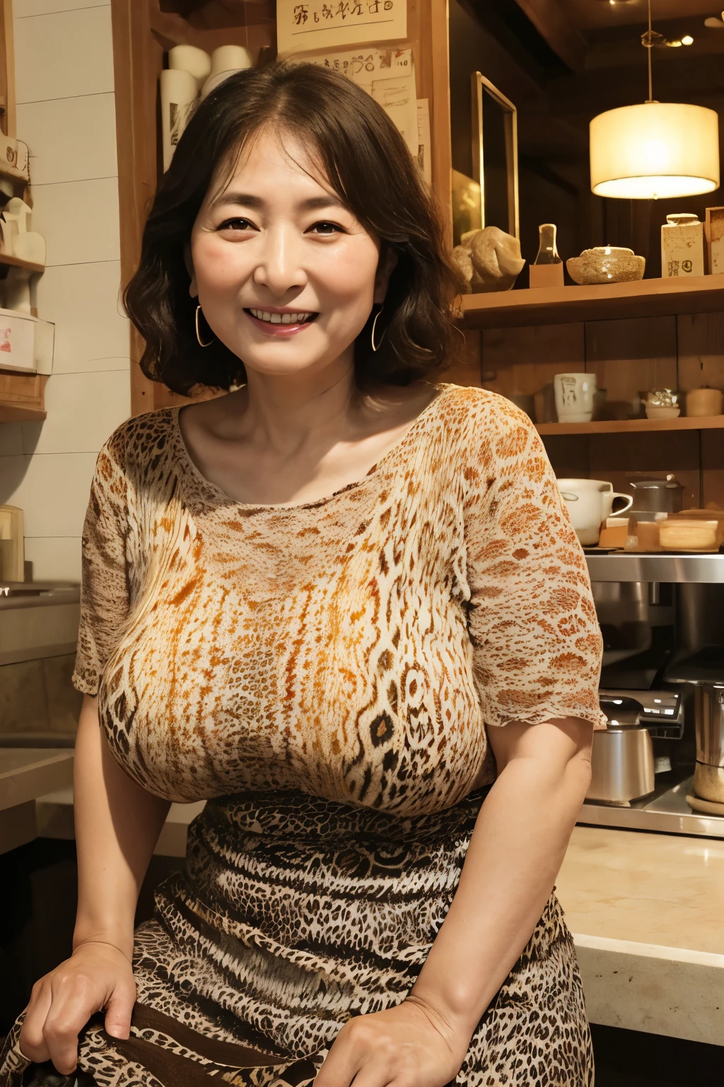 Osaka's aunt、Organic Photography、highest quality、masterpiece、Ultra-high resolution、Beautiful Japanese old lady、65 years old、Looking at the audience、Elegant face、Toothy smile、Big Breasts、Wearing a short-sleeved knit with an animal print、Medium long wavy hair、mini skirt、Earrings、A corner of a coffee shop