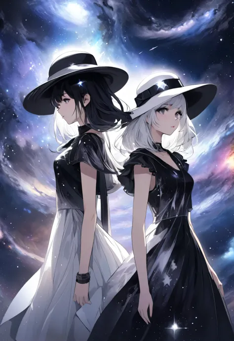 two girls, black and white hair, black and white dress, hat and without hat, galaxy, fantasy