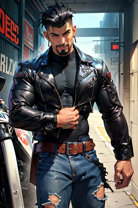 man biker, muscular, big chest, veins popping out, black hair shaved on the sides, handsome face, goatee, sexy and mischievous e...