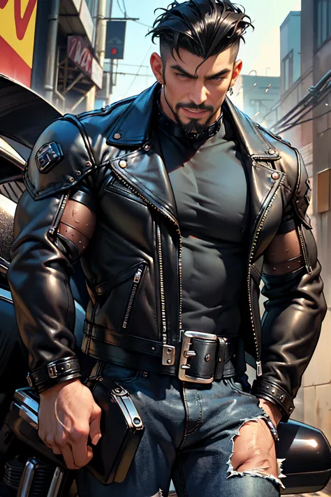 man biker, muscular, big chest, veins popping out, black hair shaved on the sides, handsome face, goatee, sexy and mischievous e...