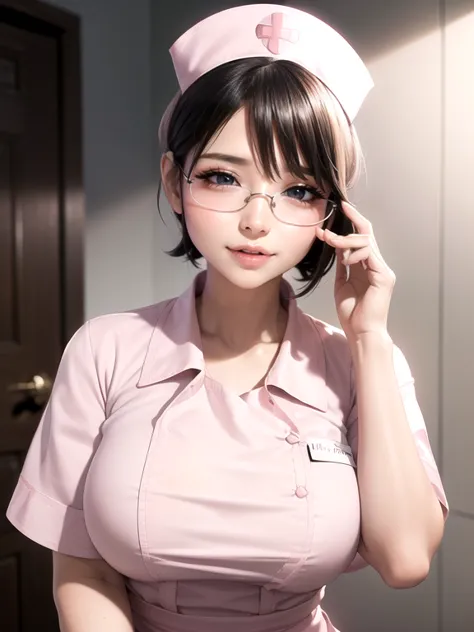 (Ultimate beauty), New Nurse, ((Rimless Glasses))非常にdetailed顔, detailedな唇, fine grain, Beautiful Eyes, Short black pixie hairsty...