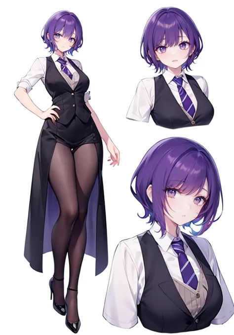 ((Perfect Face)),Purple Hair,short hair,1 female,bartender,,Black vest,tie,High heels,,((Simple White background)),((smile)),((f...