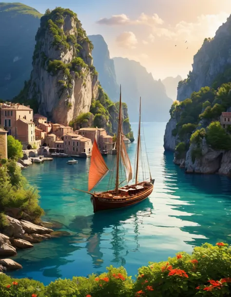 il y a un bateau qui flotte sur l&#39;eau pres d&#39;a chateau, Fantasy medieval town, epic RIVENDELL fantasy, RIVENDELL, highly...