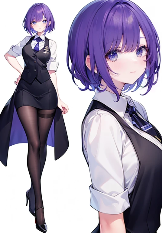 ((Perfect Face)),Purple Hair,short hair,1 female,bartender,,Black vest,tie,High heels,,((Simple White background)),((smile)),((full body)),((whole body)),Portraits,virtual,upright,