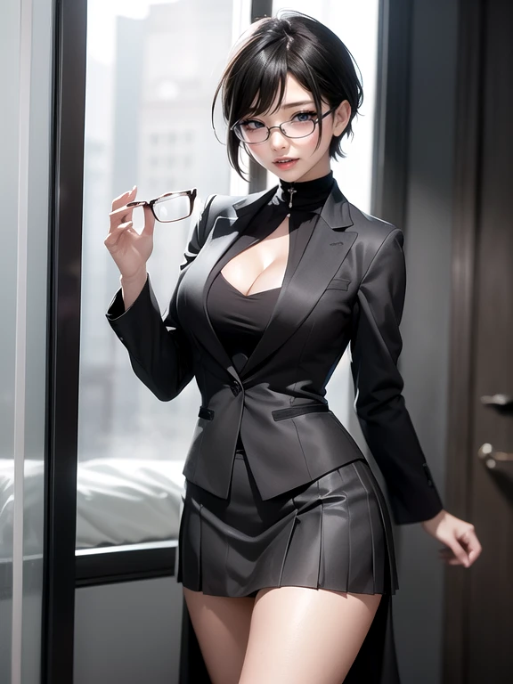 (Ultimate beauty), New recruits, ((Rimless Glasses))Very detailed顔, Detailed lips, fine grain, Beautiful Eyes, Short Black Pixie Hairstyles, ((Laugh with your mouth closed)), (((Wearing a grey tight-skirted suit)))), Big Breasts,(Accentuate your breasts) (Thighs),  that&#39;that&#39;sit, Perfection body, Perfection face, (((background: Office Conference Room))、Cowboy Shot, (Depth of written border), Perfection in image realism, With detailed background, Detailed costumes, perfection、Hyperrealism、Realistic、Maximum resolution 8K, (masterpiece), Very detailed, Professional　22 year old Japanese woman,(Very detailedな肌)(Beautiful female body)(Beautiful Big Breasts)(Big Breasts)(Pale skin)(Pointed Chest),(Erect nipples)(Best image quality)(Hyperrealism portrait),(8k),(ultra-realistic,最high quality, high quality, High resolution)(high quality texture)(Attention to detail)(Beautiful details)(detailed,Extremely detailed CG,detailed Texture)(Realistic facial expressions,masterpiece,in front,dynamic,bold),(((short pixie cut))),(Very thin hair)(Super Straight Hair:1.5)( sleek bangs,Very light coppery amber hair,Hair in one eye)　(((Emphasize M-shaped legs)))　(((Her nipples are visible)))　(((I&#39;No clothes)))　(((Front view)))　(((She is spreading her legs boldly)))　(((The lines of the body are clearly visible)))、(((Depiction of beautiful fingers)))　(((Beautiful body depiction)))　(((Accentuate the crotch)))(((I can see your thighs)))(((Full body photo)))、(((Low angle photo)))、(((Correct ankle orientation)))(((Correct number of legs)))　(((Accurate full body photo from the front)))(((Exact number of hands)))