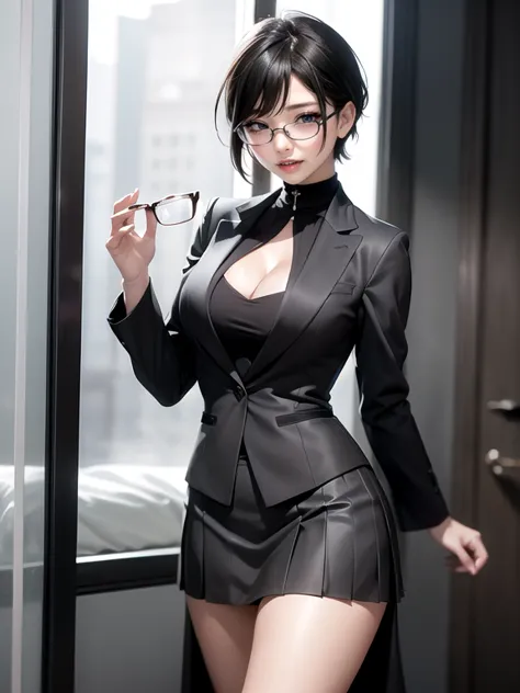 (Ultimate beauty), New recruits, ((Rimless Glasses))非常にdetailed顔, detailedな唇, fine grain, Beautiful Eyes, Short Black Pixie Hair...