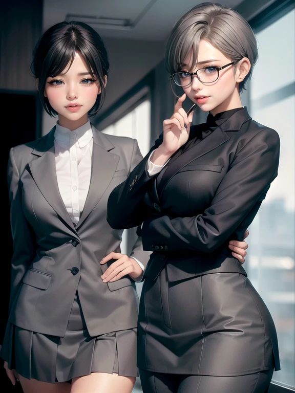 (Ultimate beauty), New recruits, ((Rimless Glasses))Very detailed顔, Detailed lips, fine grain, Beautiful Eyes, Short Black Pixie Hairstyles, ((Laugh with your mouth closed)), (((Wearing a grey tight-skirted suit)))), Big Breasts,(Accentuate your breasts) (Thighs),  that&#39;that&#39;sit, Perfection body, Perfection face, (((background: Office Conference Room))、Cowboy Shot, (Depth of written border), Perfection in image realism, With detailed background, Detailed costumes, perfection、Hyperrealism、Realistic、Maximum resolution 8K, (masterpiece), Very detailed, Professional　22 year old Japanese woman,(Very detailedな肌)(Beautiful female body)(Beautiful Big Breasts)(Big Breasts)(Pale skin)(Pointed Chest),(Erect nipples)(Best image quality)(Hyperrealism portrait),(8k),(ultra-realistic,最high quality, high quality, High resolution)(high quality texture)(Attention to detail)(Beautiful details)(detailed,Extremely detailed CG,detailed Texture)(Realistic facial expressions,masterpiece,in front,dynamic,bold),(((short pixie cut))),(Very thin hair)(Super Straight Hair:1.5)( sleek bangs,Very light coppery amber hair,Hair in one eye)　(((Emphasize M-shaped legs)))　(((Her nipples are visible)))　(((I&#39;No clothes)))　(((Front view)))　(((She is spreading her legs boldly)))　(((The lines of the body are clearly visible)))、(((Depiction of beautiful fingers)))　(((Beautiful body depiction)))　(((Accentuate the crotch)))(((I can see your thighs)))(((Full body photo)))、(((Low angle photo)))、(((Correct ankle orientation)))(((Correct number of legs)))　(((Accurate full body photo from the front)))(((Exact number of hands)))