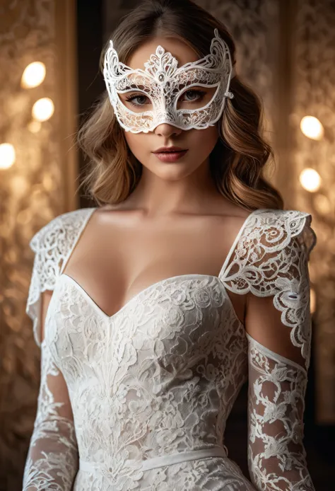 a woman wearing a sexy white lace dress, white lace masquerade mask, detailed facial features, beautiful eyes, flawless skin, el...