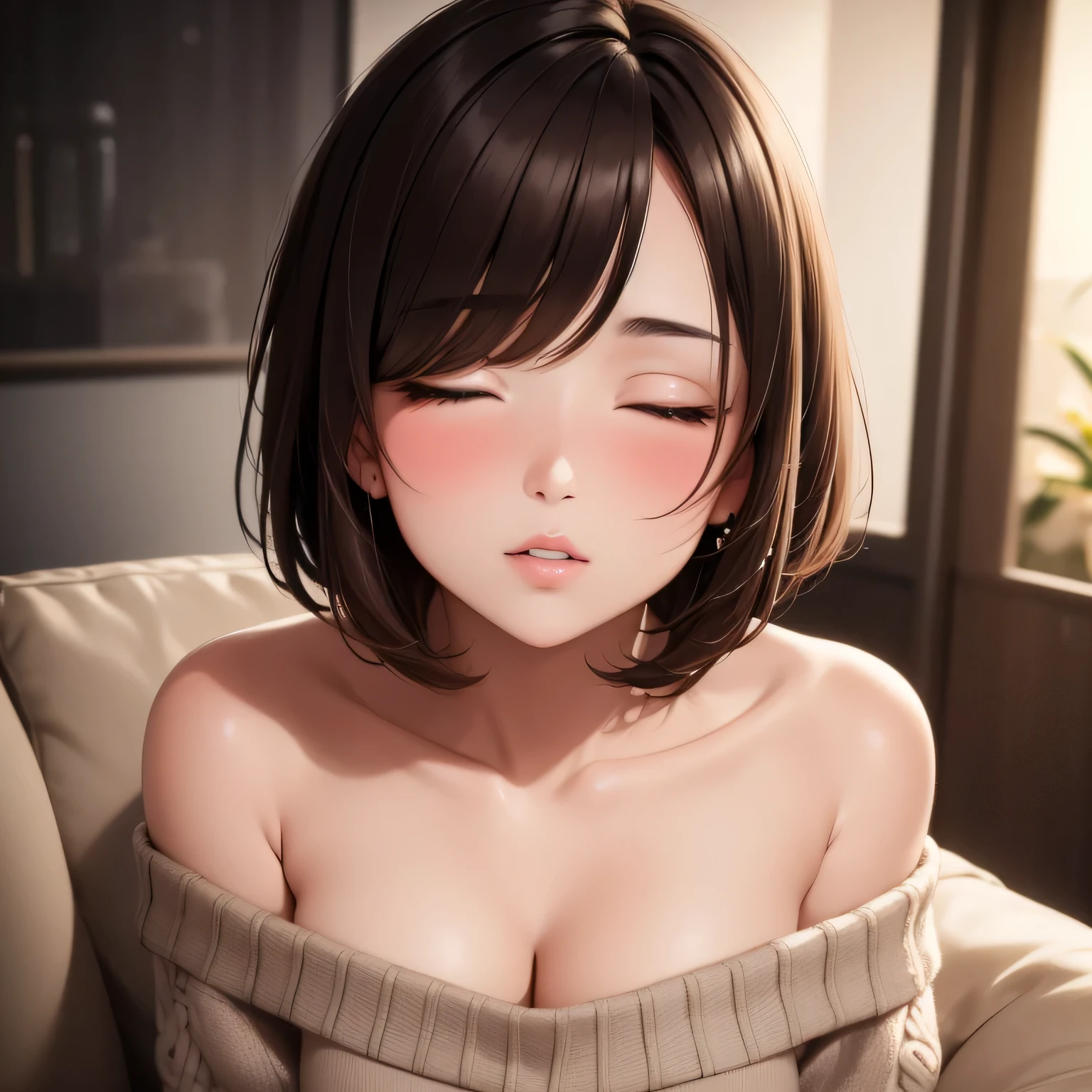 Amazing portrait of a sexy and cute woman who is your best friend's sister who is alone at her  home having a late night gaming session with her brown hair in a short bob style with soft eyes and parted lips with a deep blush wearing an off shoulder oversized grey sweater sitting on a  couch during night time and it's raining outside with warm lighting inside