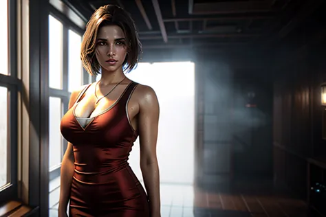 (((indoor))), intricate, masterpiece, best quality, highly detailed, from_side, jill_valentine, brown_hair, cleavage (((sweat)))...
