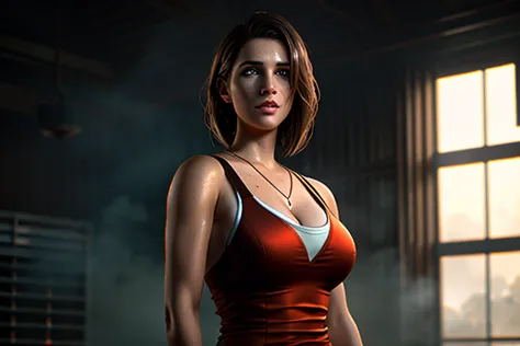 (((indoor))), intricate, masterpiece, best quality, highly detailed, from_side, jill_valentine, brown_hair, cleavage (((sweat)))...