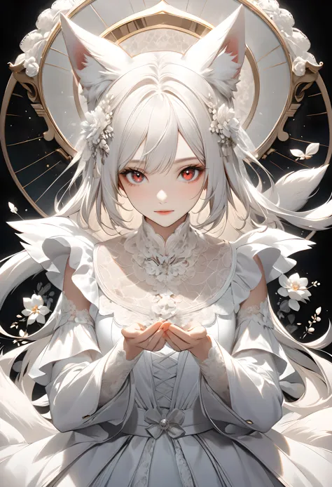 ((Layered White Lace Art)), The best depiction in AI history, (Depicts a white fox with red eyes as a motif, god々Clear and trans...