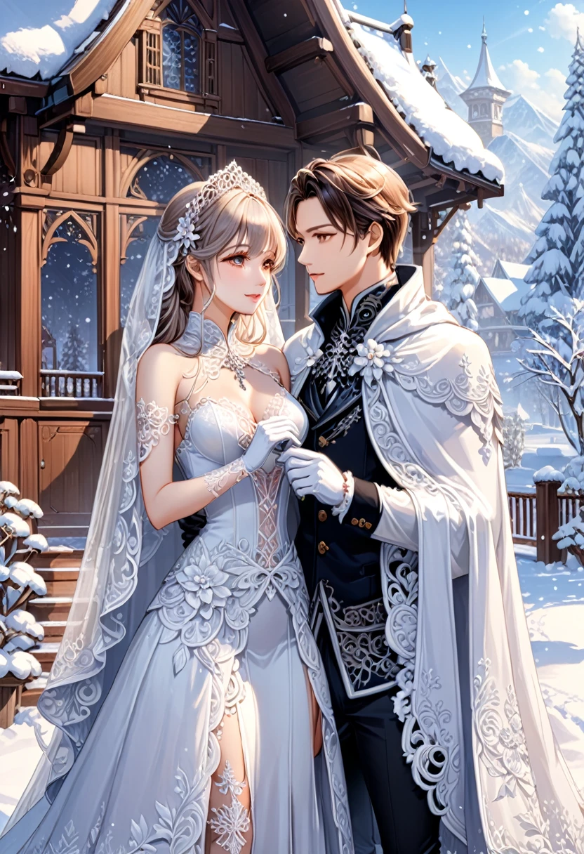 Wedding in winter snow, a couple married in front of a small wooden house in the snow. The bride wore a white lace cloak. The delicate lace patterns on the edge of the cloak and gloves contrast with the pure white snow, creating a romantic winter fairy tale, (masterpiece, best quality, Professional, perfect composition, very aesthetic, absurdres, ultra-detailed, intricate details:1.3)