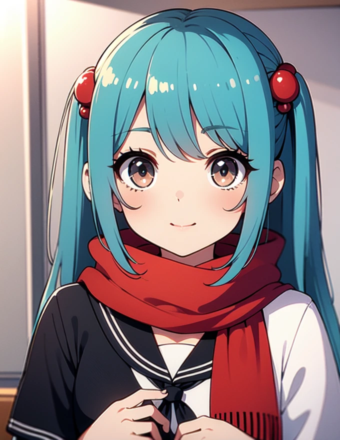 Himikotoganova, (1 garota, Sozinho), (olhos perfeitos), cabelo loiro, duplo bom, Messy hair, franja, olhos amarelos, serafuku, bolsas sob os olhos, sorriso, boca aberta, saia azul, mangas compridas, red scarf, seios, 